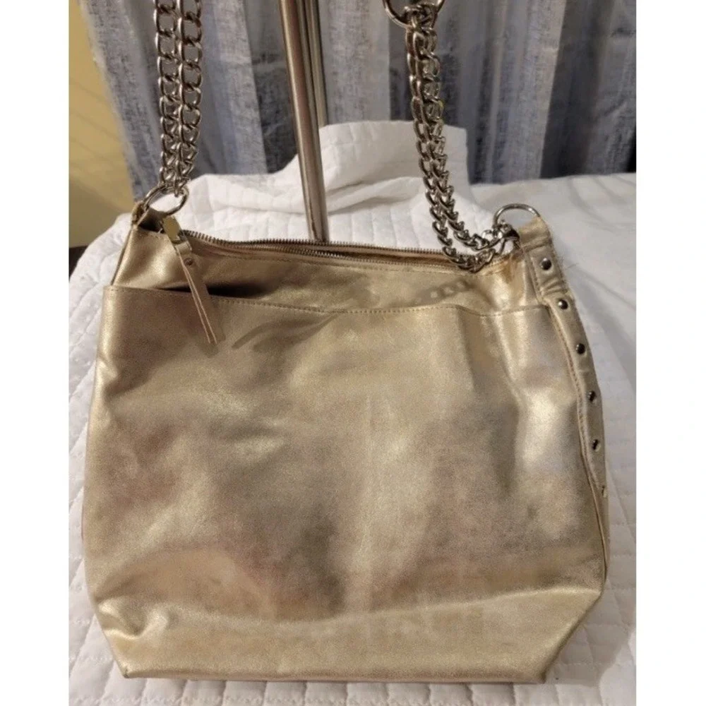 Enzo Angiolini Champagne Gold Hobo Shoulder Bag Chain Strap Classy Sophisticated